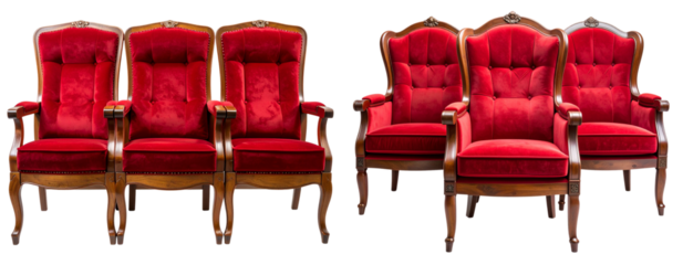 Elegant Three-Seat Red Theater Chairs with Wooden Arms, front perspective, isolated on transparent background PNG