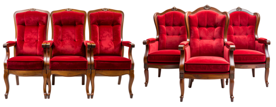  Elegant Three-Seat Red Theater Chairs with Wooden Arms, front perspective, isolated on transparent background PNG