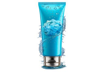 Obraz premium Refreshing blue gel cleanser tube surrounded by water splashes, On Transparent Background, Png Image