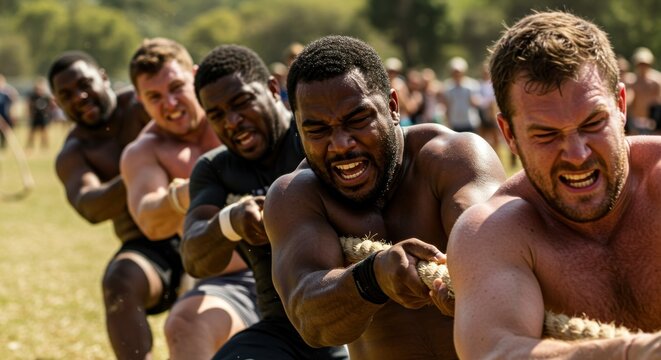 Group of men engaged in a tug-of-war competition in a sunny outdoor setting