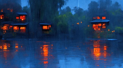 Rainy Night, Lakeside Houses, Lights