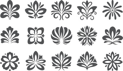 Fototapeta premium Collection of fifteen stylized floral designs in gray scale on a white background layout pattern