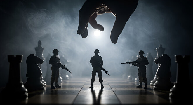 Strategic conflict looming chess pieces soldiers a game of power and tension - Powered by Adobe
