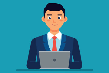 Professional man working on laptop against a blue background in a modern office setting