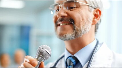 Doctor presentation speech teaching seminar A doctor holding a microphone, suggesting health communication.	
