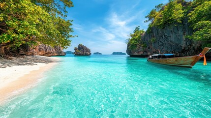 Obraz premium Breathtaking Beauty of Scenic Landscapes Concept. Serene Tropical Beach with Clear Water and Boat Surrounded by Lush Greenery and Rocky Isles in Paradise