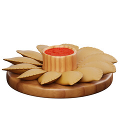 3D illustration of Indonesian fried pastel, savory pastry filled with meat, arranged in a flower shape with dipping sauce.
