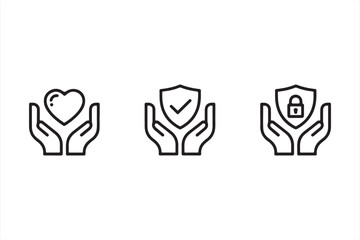 Line Icons of Hands Supporting Love, Shield, and Lock for Safety Concepts

