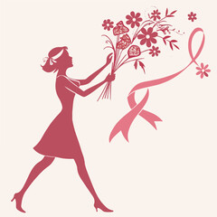 An elegant breast cancer awareness illustration featuring a woman and a pink ribbon promoting hope, strength, and courage.