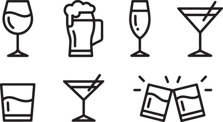 Celebration drink icons with beer mugs, wine flutes and cocktail glassware