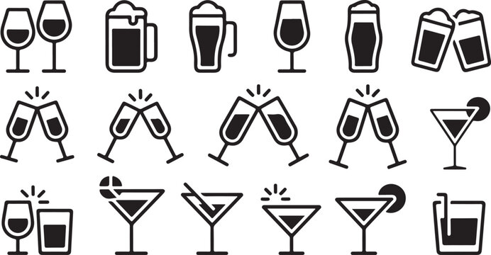 Line-style celebration drinks icon pack for bar and party visuals