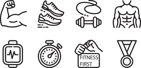 Clean bold fitness icon pack featuring health, endurance, and body training symbols