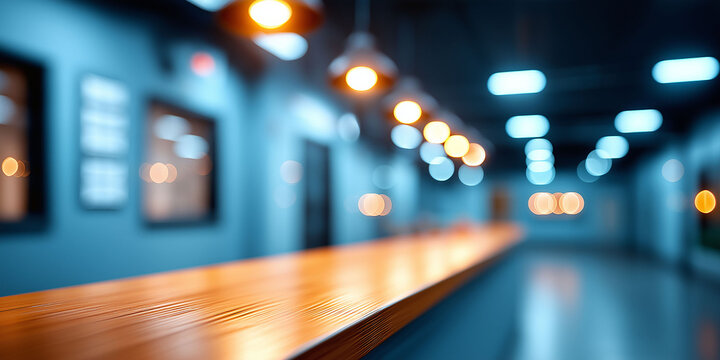 Blurred background of a modern office interior with a long wooden bar counter, providing ample space for product display and presentation in a business setting. 