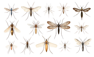 A group of different types and sizes of mosquitoes isolated on a transparent background.