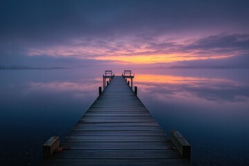 Obraz premium Minimal Wooden Pier into Foggy Sunrise Ocean with Centered Vanishing Point