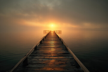 Fototapeta premium Minimal Wooden Pier into Foggy Sunrise Ocean with Centered Vanishing Point