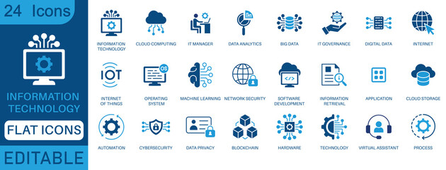 Information Technology icon set. Containing cloud computing, IT manager, big data, data analytics, internet, network security and more. perfect flat icon collection.