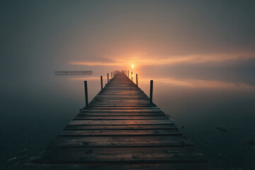 Fototapeta premium Minimal Wooden Pier into Foggy Sunrise Ocean with Centered Vanishing Point