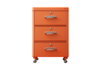 Three drawer mobile file cabinet orange metal storage, On Transparent Background, Png Image