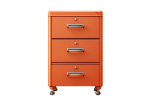 Three drawer mobile file cabinet orange metal storage, On Transparent Background, Png Image