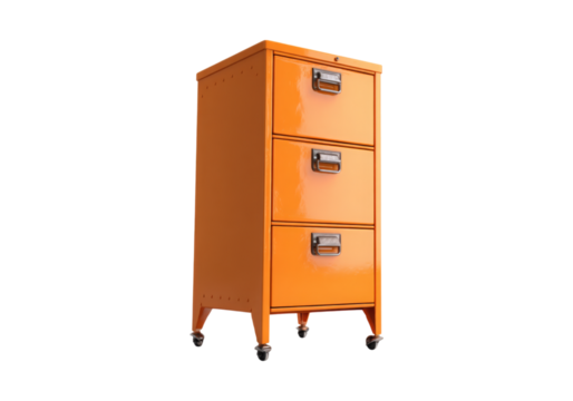 Bright orange three drawer mobile filing cabinet on wheels, On Transparent Background, Png Image