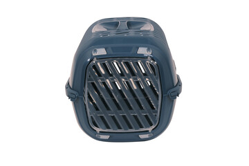 Blue plastic pet carrier with ventilation slats and an open wire door, portable travel crate for cats, small dogs, and small pets, isolated on white background.