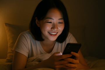 Asian woman lying on the white bed and playing smartphones during night time. She is chatting with her friend. Using phone in low light is impact to eyes. Health and social Concept. Ai Generative.