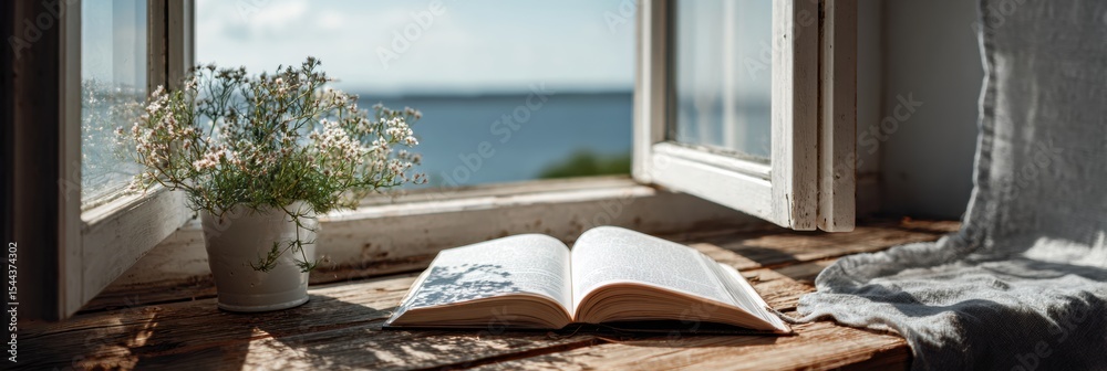 Aufkleber Calm View of an Open Window With a Journal on the Windowsill and Flowers in a Pot During a Tranquil Day by the Waterfront
