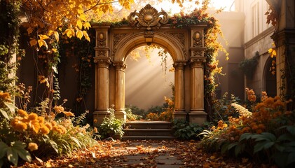A stunning archway adorned with vibrant flowers and lush green leaves, creating a picturesque entrance that invites exploration and tranquility.