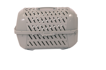 Blue plastic pet carrier with ventilation slats and an open wire door, portable travel crate for cats, small dogs, and small pets, isolated on white background.