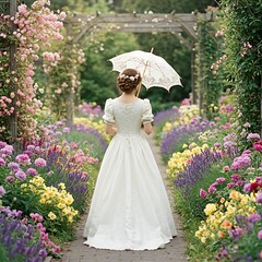 "Classic Victorian wedding dress with lace details and puff sleeves, holding a parasol, walking in a blooming garden, soft pastel color grading, romantic atmosphere"

