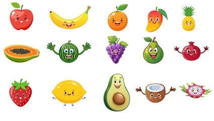Collection Of Cute Cartoon Fruits With Happy Faces And Fun Expressions
