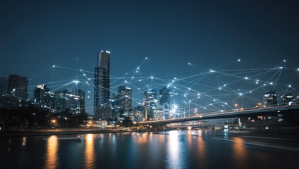 Futuristic smart city illuminated with AI-powered systems and glowing, interconnected technologies.