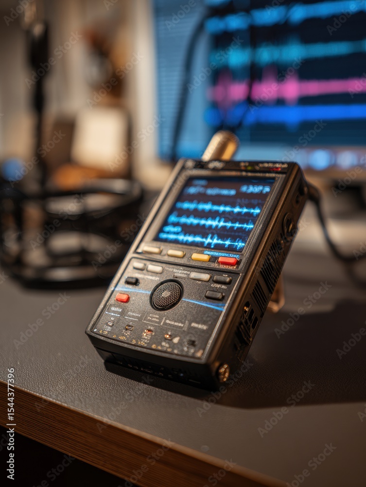Poster Digital Recorder Displaying Floating Waveforms During a Storytelling Session at a Cozy Workspace in the Evening