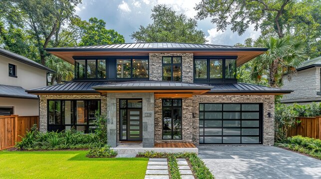 Modern two-story home with dark roof and stone exterior.  Front yard landscaping,  garage, and walkway are visible