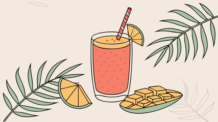 Illustration of a refreshing tropical smoothie with mango, orange slice, and palm leaves decor around it
