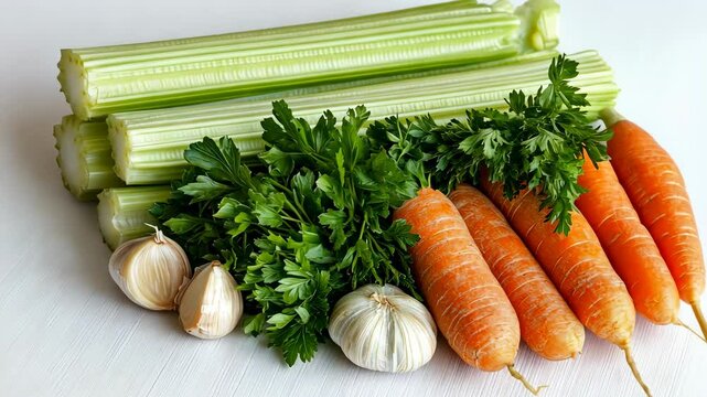Celery, carrots, parsley, and garlic