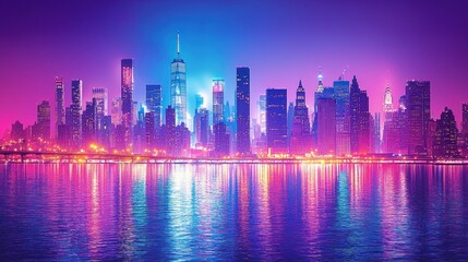 Fototapeta premium Neon-hued NYC skyline at twilight