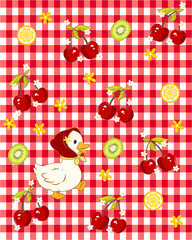 seamless cartoon characters of a duck and a cherry illustration on a picnic rug for wallpaper background