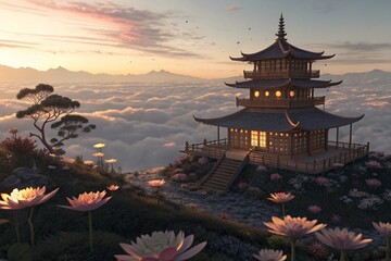 Fototapeta premium Paper Fantasy Temple Suspended in Air