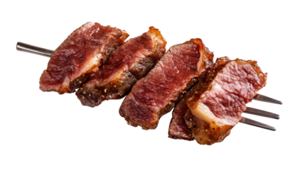 Grilled pieces of meat on metal skewer ready to serve isolated on white background
