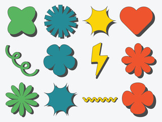 Obraz premium Retro groovy colorful shapes abstract set with comic style. including hearts, flowers, lightning bolt, and burst effects. Vector illustration in style 90s, 00s