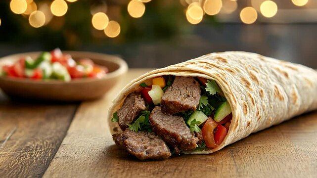 Grilled meat and vegetable wrap close up food photography