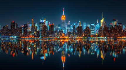 Obraz premium Night cityscape panorama of a major metropolis, reflected in the still water