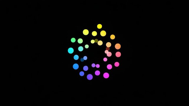 Abstract circular design of colorful dots on a black background.