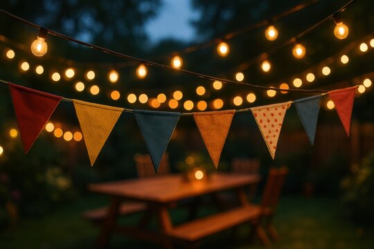 Outdoor evening party decorations with string lights and colorful bunting flags