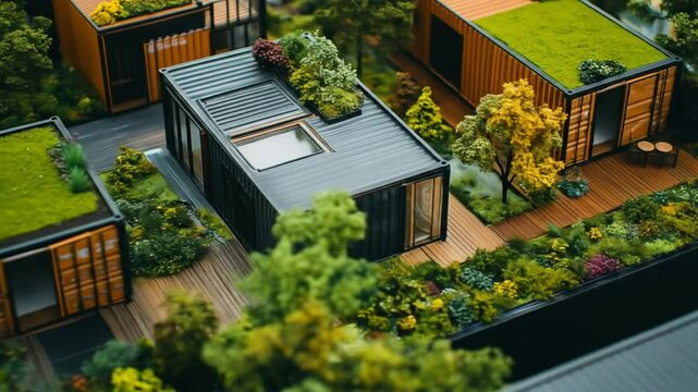 Miniature model of container homes with green roofs and landscaping