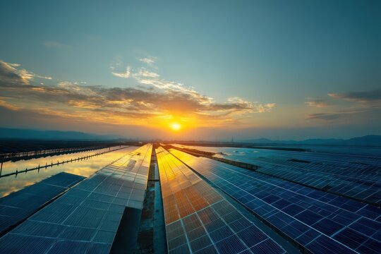 Golden sunset shining over a massive solar farm, with panels glowing beside a calm lake.