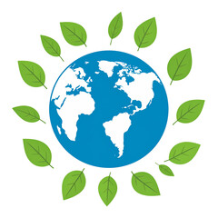 Earth Surrounded by Leaves: A captivating emblem of Earth, adorned with vibrant green leaves, symbolizes environmental harmony, sustainability, and the beauty of our planet.
