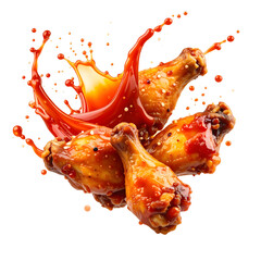 Spicy Chicken Wings Splash: Delicious, crispy chicken wings glistening with a vibrant, spicy sauce, captured in mid-air with a dynamic splash.